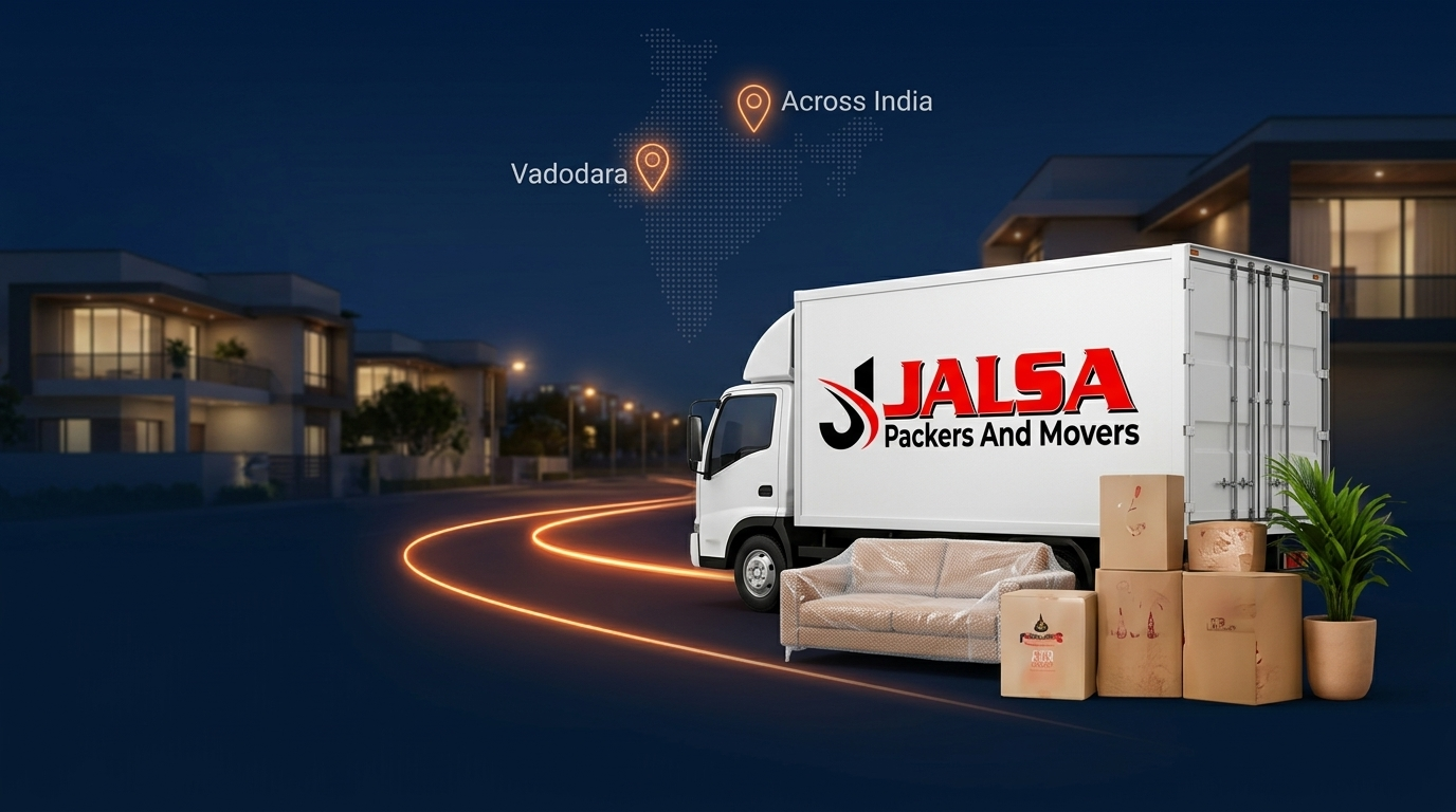 Jalsa Packers and Movers container truck with packed household items and sofa in Vadodara