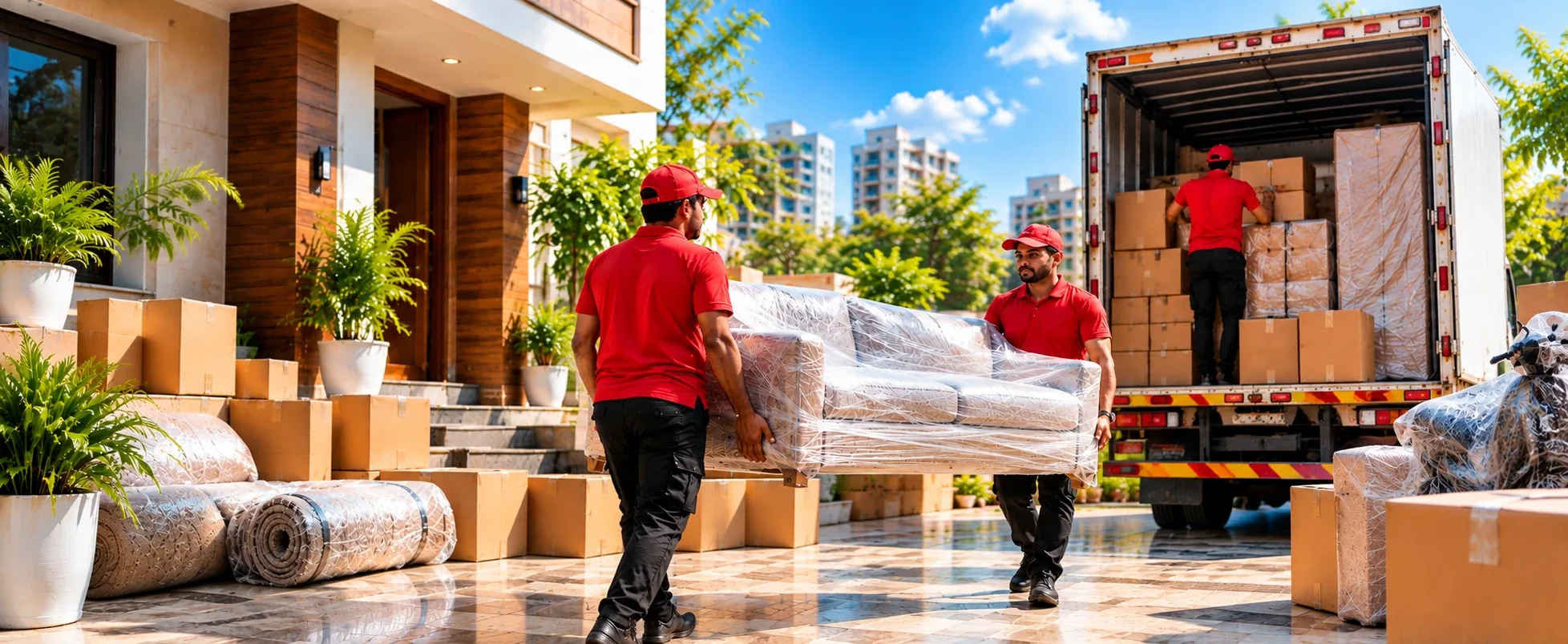 Jalsa Packers and Movers moving crew carrying wrapped sofa beside truck in Vadodara