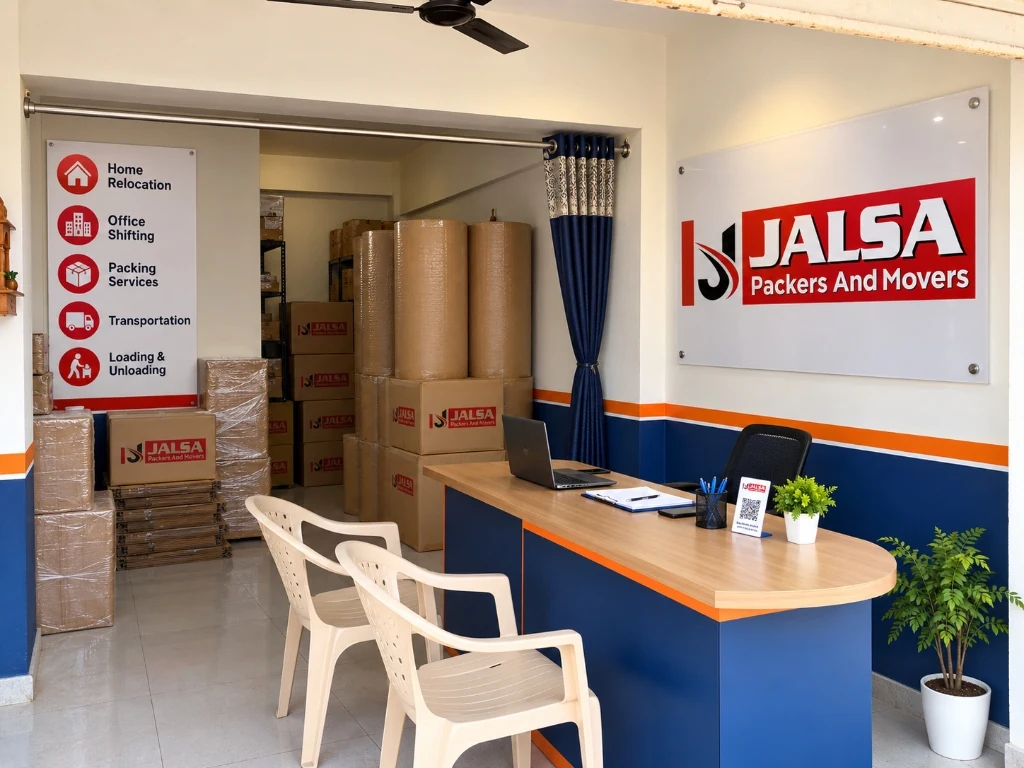 Jalsa Packers & Movers registered office reception and packaging depot in New Karelibaug, Vadodara